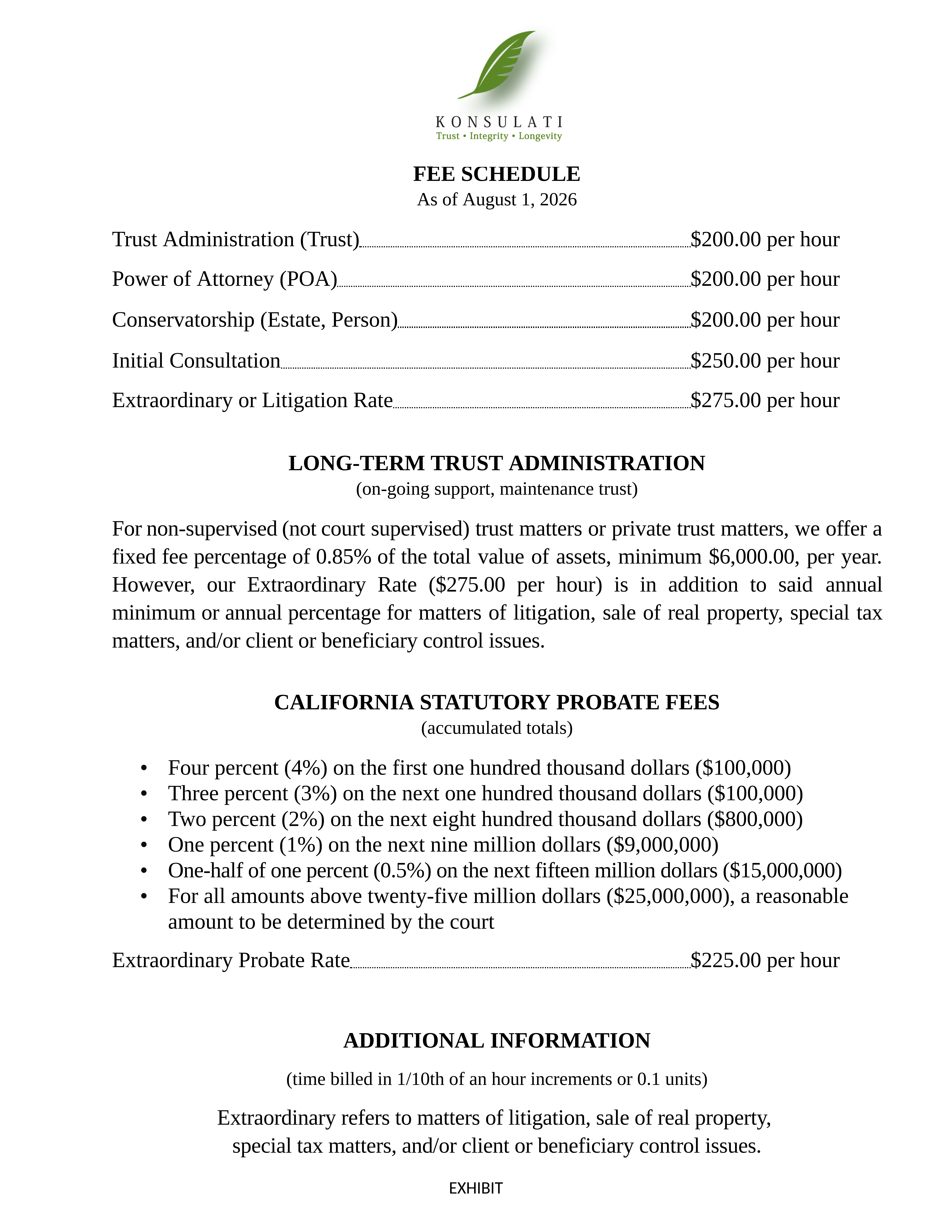 Konsulati Fee Schedule, as of August 1, 2026